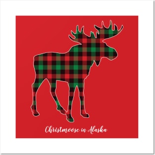 "Christmoose In Alaska" Moose Buffalo Red & Green Plaid Posters and Art